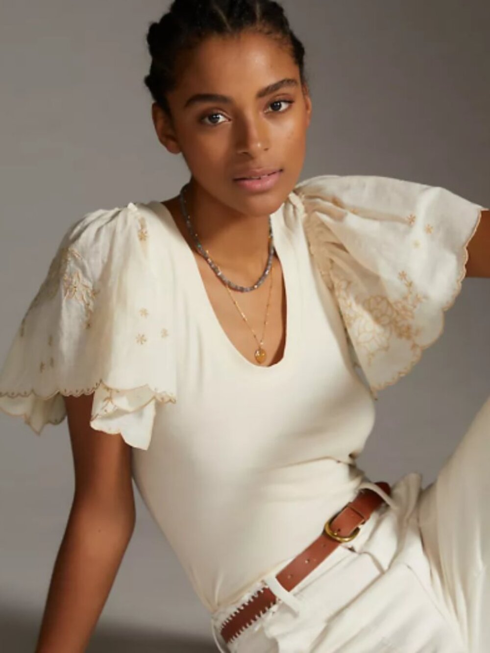 Anthropologie flutter sleeve tee | Ivory | XXS